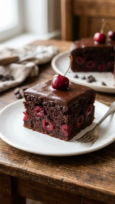 Delicious Chocolate Cherry Cake with rich chocolate frosting and cherry topping
