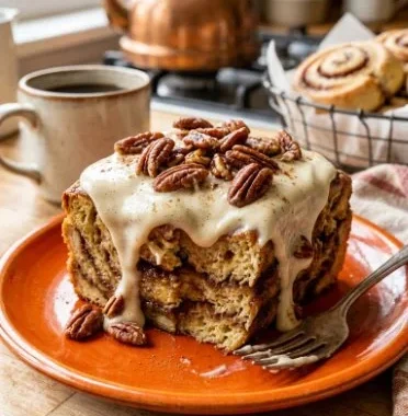 Cinnamon Roll Crock Pot French Toast served with syrup and berries