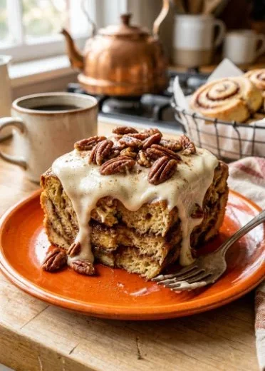 Cinnamon Roll Crock Pot French Toast served with syrup and berries