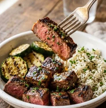 Cozy grilled steak bowl with zucchini served in a rustic bowl
