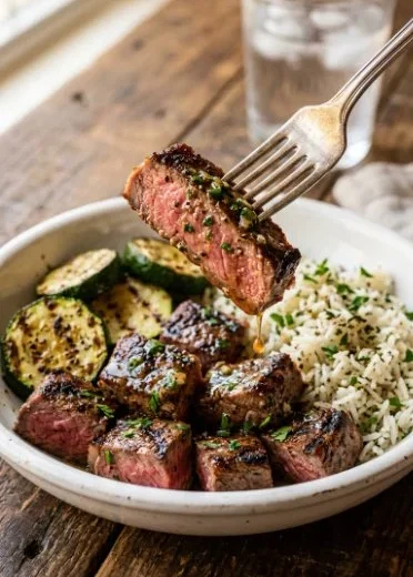 Cozy grilled steak bowl with zucchini served in a rustic bowl