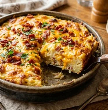 Cozy loaded baked potato casserole topped with crispy bacon bits