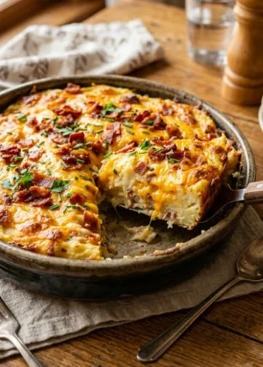 Cozy loaded baked potato casserole topped with crispy bacon bits