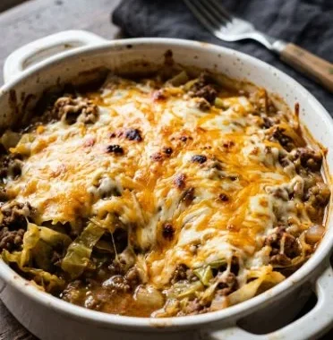 Creamed Cabbage and Ground Beef Casserole 2 Creamed cabbage and ground beef casserole served in a baking dish