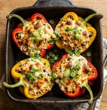 Delicious creamy chicken stuffed peppers on a plate