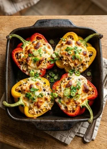 Delicious creamy chicken stuffed peppers on a plate