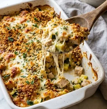 Creamy Chicken Zucchini Bake dish served hot in a baking dish