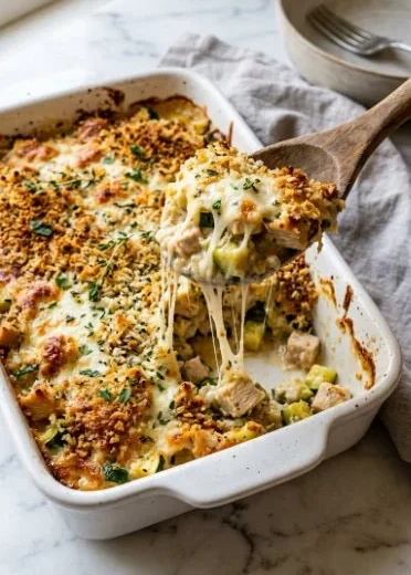 Creamy Chicken Zucchini Bake dish served hot in a baking dish