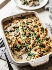 Creamy Cottage Cheese Chicken, Mushroom and Spinach Casserole