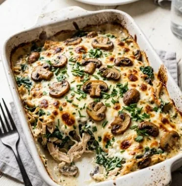 Creamy cottage cheese casserole with chicken, mushrooms, and spinach