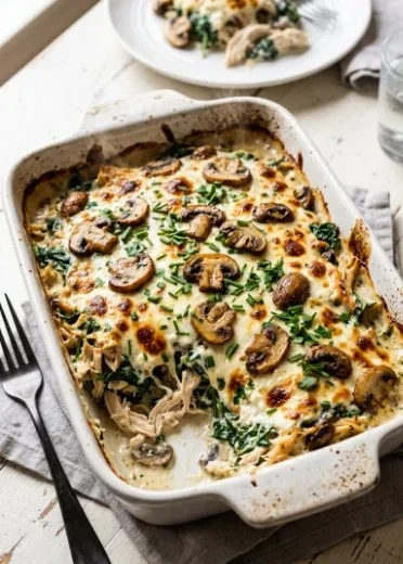 Creamy cottage cheese casserole with chicken, mushrooms, and spinach