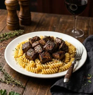 Creamy garlic butter steak bites served on a plate with herbs