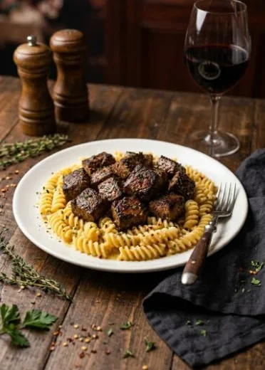 Creamy garlic butter steak bites served on a plate with herbs