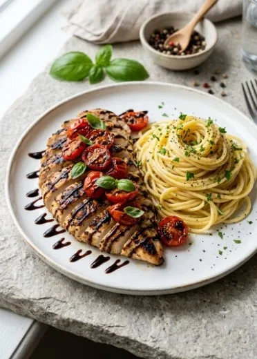 Creamy garlic Caprese chicken bake with fresh basil and mozzarella
