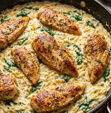 Creamy lemon chicken orzo served in a bowl with herbs and lemon slices