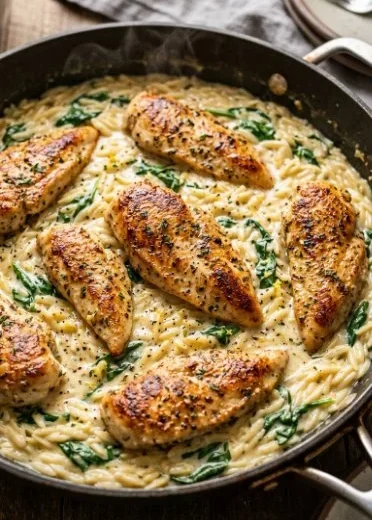Creamy lemon chicken orzo served in a bowl with herbs and lemon slices