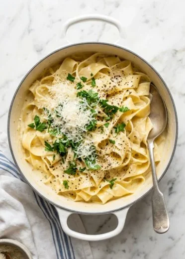 Delicious creamy lemon pasta served in a bowl with fresh herbs.