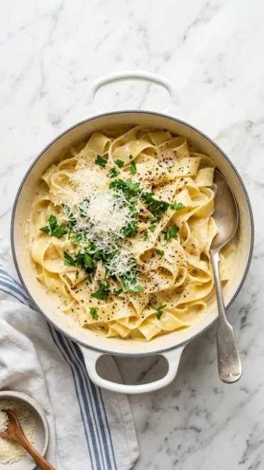 Delicious creamy lemon pasta served in a bowl with fresh herbs.
