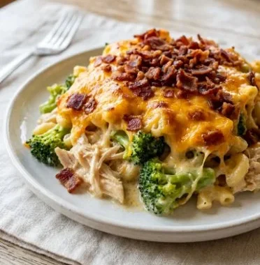 Creamy low carb chicken casserole served in a baking dish