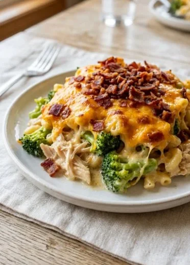 Creamy low carb chicken casserole served in a baking dish