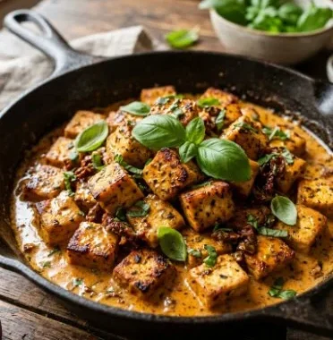 Creamy Marry Me Tofu dish garnished and ready to serve on a plate