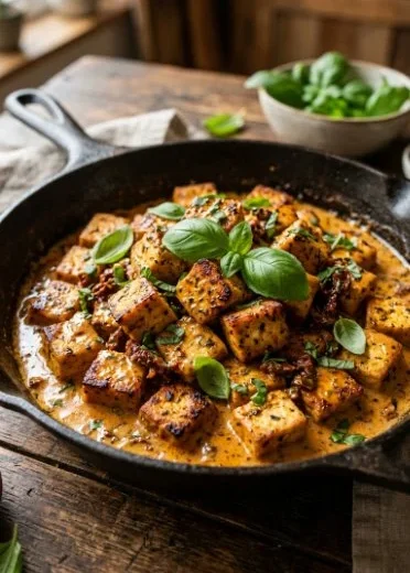 Creamy Marry Me Tofu dish garnished and ready to serve on a plate