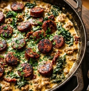 Creamy Sausage Skillet 1 Creamy sausage skillet dish served in a frying pan, garnished with fresh herbs.