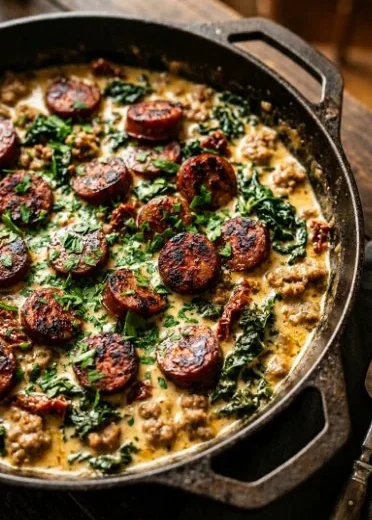 Creamy sausage skillet dish served in a frying pan, garnished with fresh herbs.