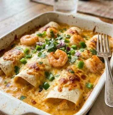 Plate of creamy shrimp enchiladas topped with sauce and herbs.