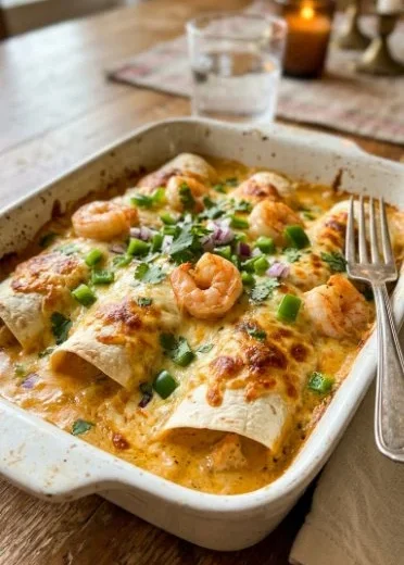 Plate of creamy shrimp enchiladas topped with sauce and herbs.