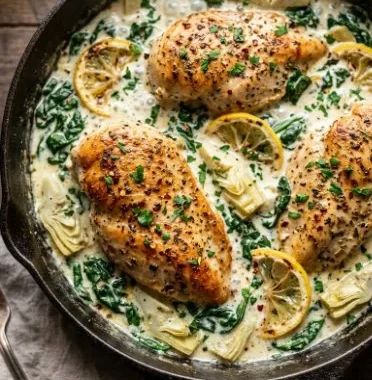 Creamy Spinach Artichoke Chicken 1 Creamy spinach artichoke chicken dish garnished with herbs