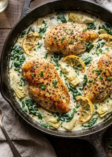 Creamy spinach artichoke chicken dish garnished with herbs