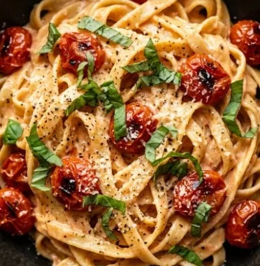 Plate of creamy sun dried tomato pasta garnished with parsley