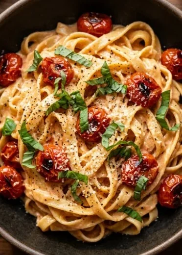 Plate of creamy sun dried tomato pasta garnished with parsley