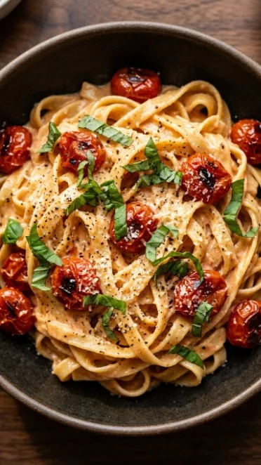 Plate of creamy sun dried tomato pasta garnished with parsley
