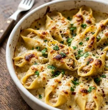 Creamy tuna stuffed pasta shells served on a plate with herbs.