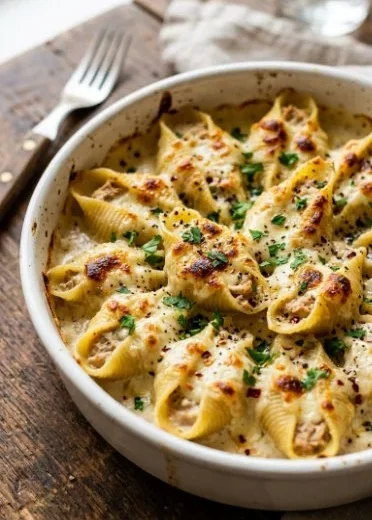 Creamy tuna stuffed pasta shells served on a plate with herbs.