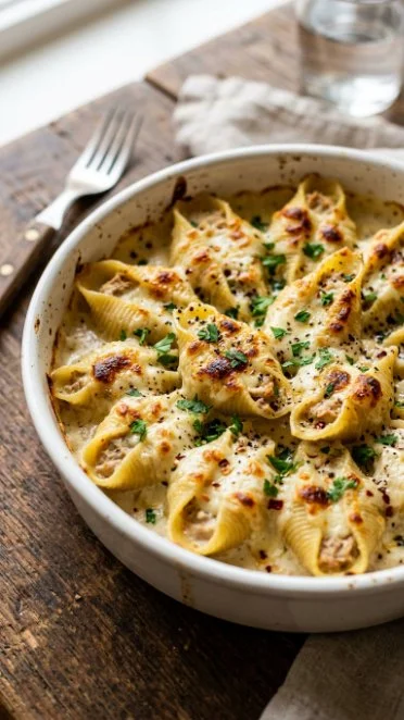 Creamy tuna stuffed pasta shells served on a plate with herbs.