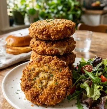 Crispy chicken burgers served with fresh toppings on a rustic wooden table