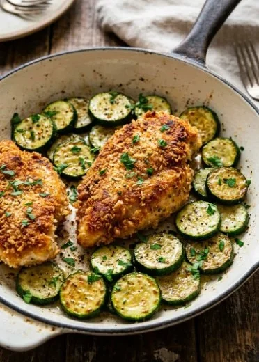 Crispy Parmesan Garlic Chicken served with zucchini on a plate.