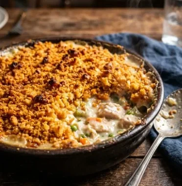 Crispy Ritz Cracker Chicken Casserole served in a baking dish