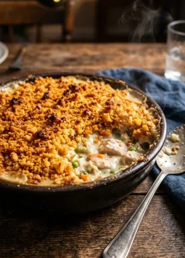 Crispy Ritz Cracker Chicken Casserole served in a baking dish