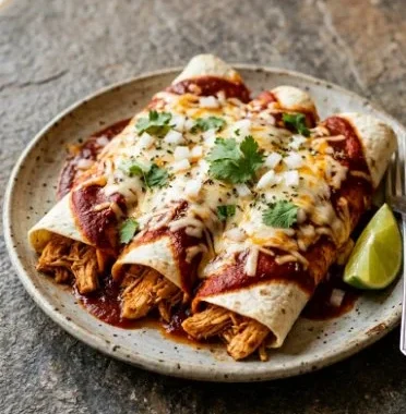 Crockpot Chicken Enchiladas 2 Crockpot Chicken Enchiladas plated with toppings like cheese and cilantro