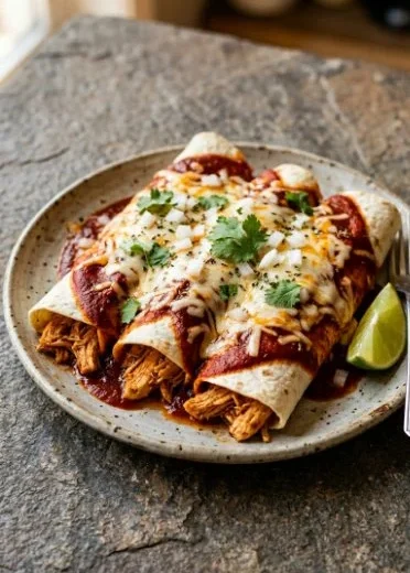 Crockpot Chicken Enchiladas plated with toppings like cheese and cilantro
