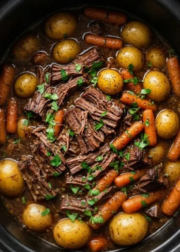 Crockpot chuck roast with colorful vegetables in a rich sauce