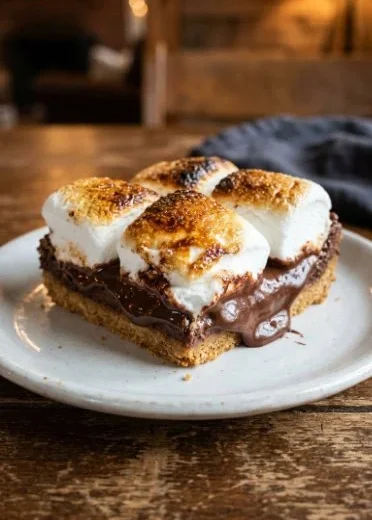 Decadent S'Mores Cobbler topped with marshmallows and chocolate
