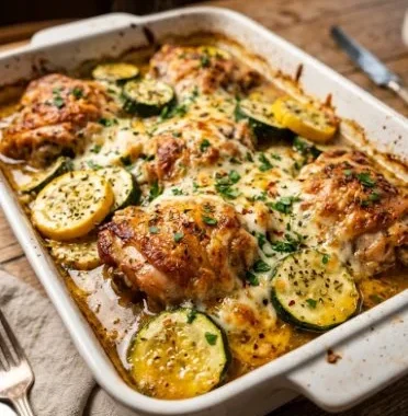 Delicious chicken zucchini bake dish showcasing colorful ingredients and comfort food appeal