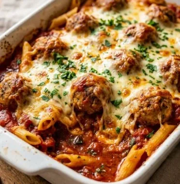 Delicious Dump and Bake Meatball Casserole fresh out of the oven