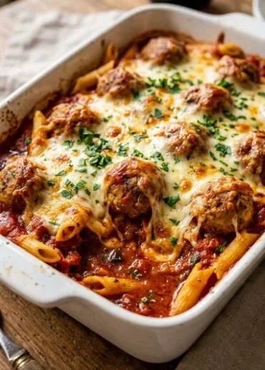 Delicious Dump and Bake Meatball Casserole fresh out of the oven
