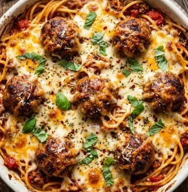 Delicious dump-and-bake meatball casserole topped with melted cheese and herbs